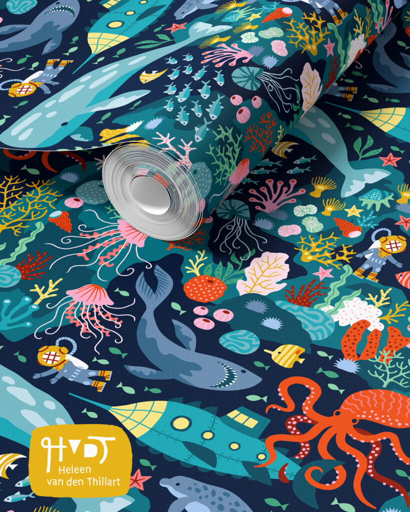 Deep Dive Adventure surface pattern design on wallpaper by Heleen van den Thillart