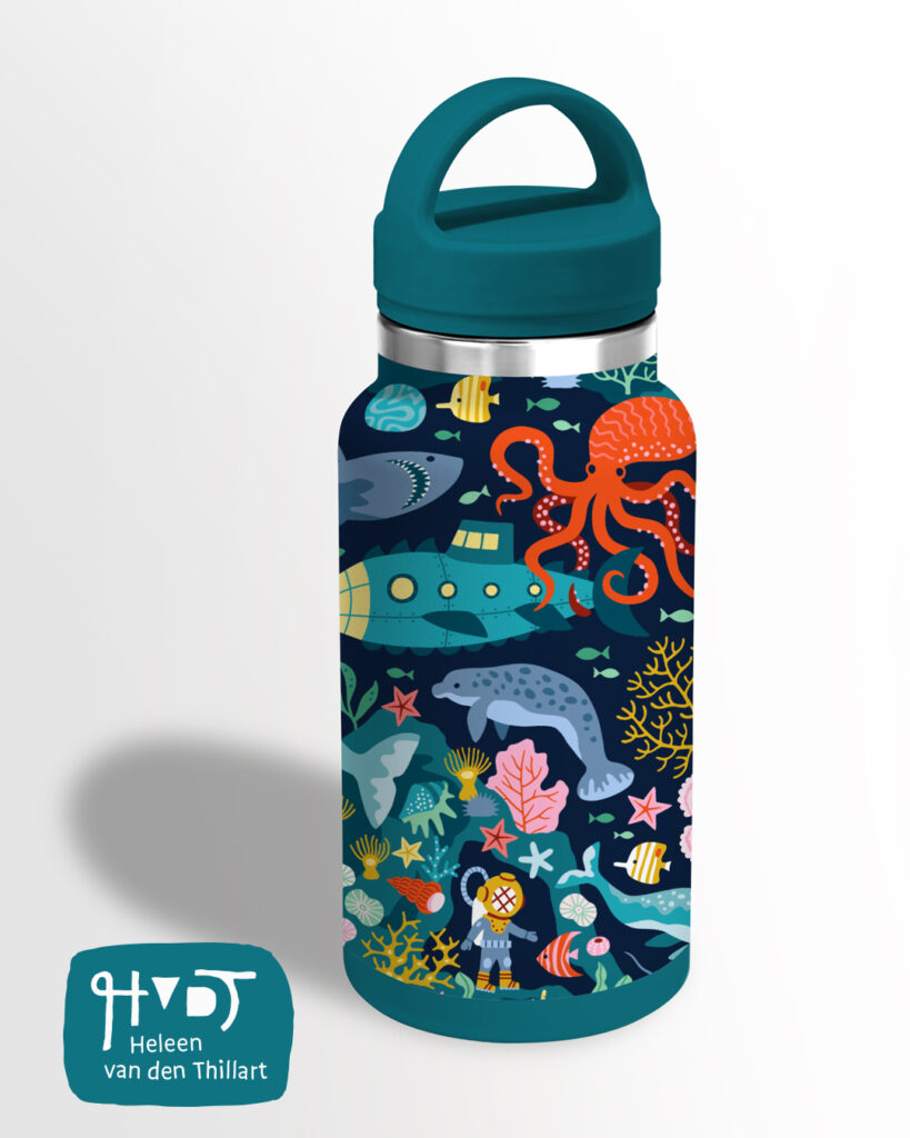Deep Dive Adventure surface pattern design on water bottle by Heleen van den Thillart