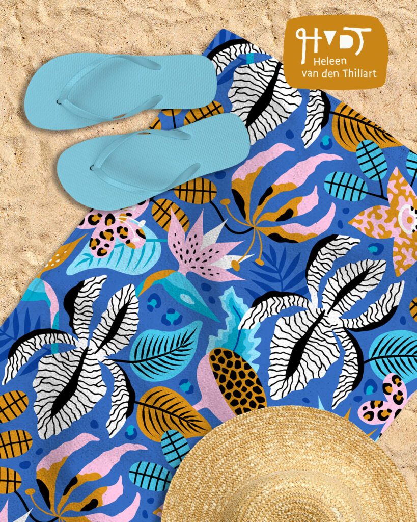 Exotic Wildflowers surface pattern design on beach towel by Heleen van den Thillart