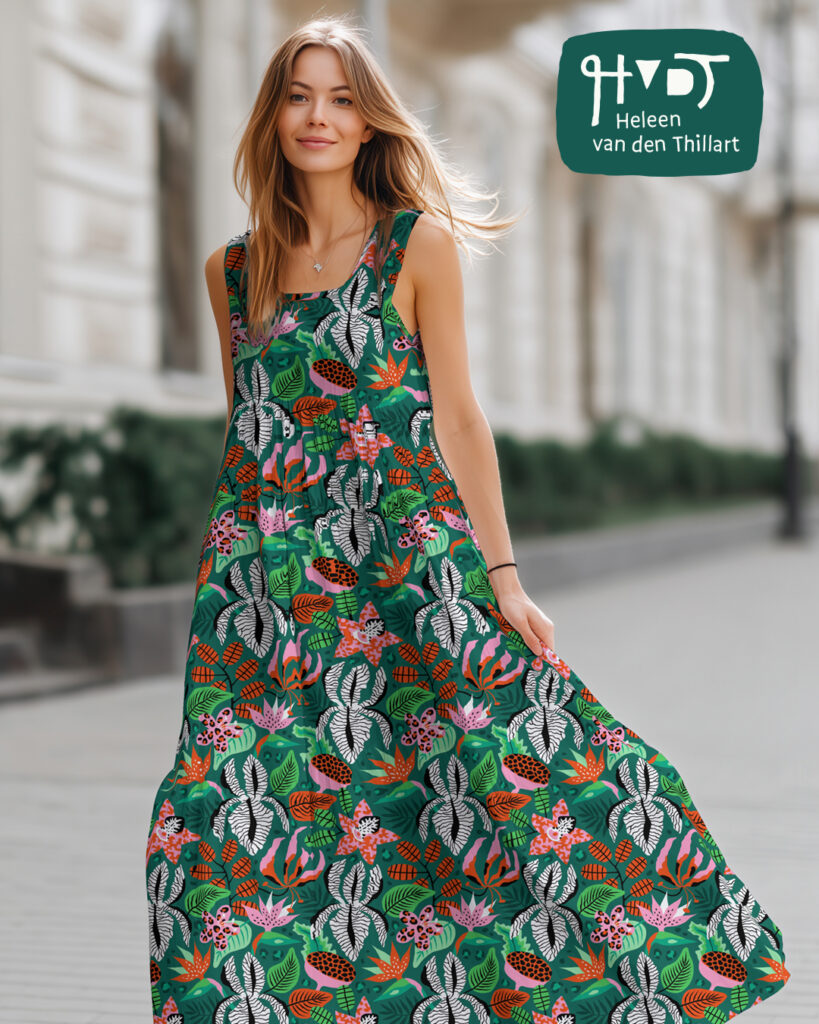 Exotic Wildflowers surface pattern design on summer dress by Heleen van den Thillart