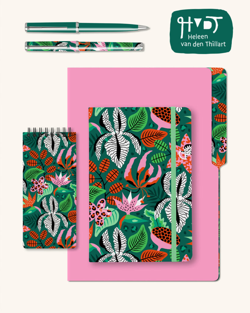 Exotic Wildflowers surface pattern design on stationery by Heleen van den Thillart