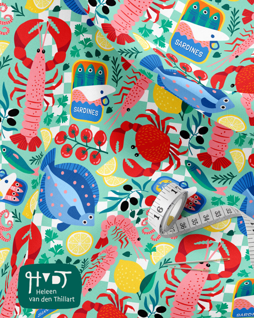Mediterranean Seafood surface pattern design by Heleen van den Thillart