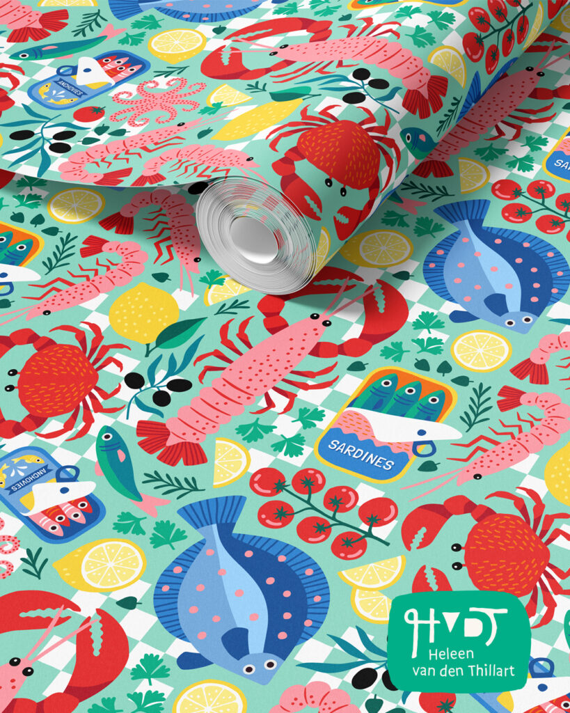 Mediterranean Seafood surface pattern design on wallpaper by Heleen van den Thillart