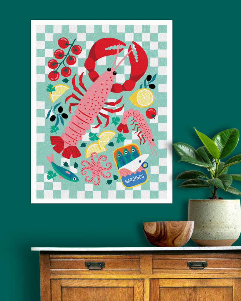 Mediterranean Seafood art poster design by Heleen van den Thillart